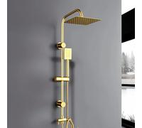 Megistore | Colonna Doccia Finitura Oro Con Soffione e Doccetta Quadrato Acciaio Anticalcare, Porta Sapone, Altezza Regolabile Che Permette Di Utilizzare Fori Pre Esistenti