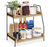 Megsooul Organizer per accessori da bar e piano di lavoro, per stazioni di caffè, 2 ripiani, per cucina, caffè, condimenti, coperchio per tazze, ripiano per bagno, cucina (marrone)