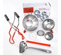 megusta!® Premium set per l'inscatolamento | 8 pezzi | 2 imbuti in acciaio inox | 1 riduttore | 2 setacci | alza barattoli | pinza per l'apertura dei barattoli | magnete per coperchi