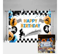 MEHOFOND 2,1 x 1,5 m Boy Birthday sfondo per motocross Drag Racing Bandiera in bianco e nero Palloncino Race Track Fotografia Sfondo Moto Dirt Bike Bambini Festa Banner Cake Smash Decor Studio