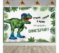 MEHOFOND 2,1 x 1,5 m dinosauro Happy Birthday sfondo Stomp Chomp Roar Let's Party Like A Dinosaur Decorazione Banner Tropicale Giungla Dinosauro Festa di Compleanno Fotografia Sfondo per Bambini Photo