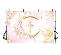 MEHOFOND 2,1 x 1,5 m God Bless Battesimo Sfondo Croce Oro Fiori Rosa Pastello Baby Shower Battesimo Torta Smash Decorazione da Tavolo Prima Comunione Battesimo Fotografia Sfondo Puntelli