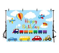 MEHOFOND 2,1 x 1,5 m Trasporti Ragazzo Festa di Compleanno Sfondo Blu Cielo Bianco Nuvola Automobile Treno Aereo Auto Bus Camion Happy 1st Birthday Up Mongolfiera Fotografia Sfondo Photo Booth Banner