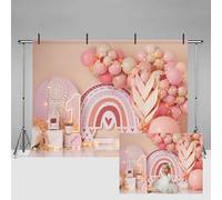 MEHOFOND 7x5ft Rosa Ragazza 1 ° Compleanno Fotografia Sfondo Boemia Tema Palloncini Arcobaleno Bambino Ritratto Fotografico Studio Puntelli Boho Decorazione Del Partito Torta Smash Sfondo Forniture