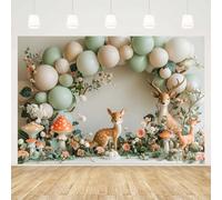 MEHOFOND 7x5ftGirls Fotografia Sfondo Giardino Pianta Floreale Cervo Fungo Verde Palloncino Arco Sfondo Baby Shower Torta Smash Festa di Compleanno Decorazione Torta Tavolo Banner Forniture Studio