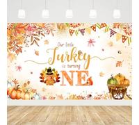 MEHOFOND Sfondo per il primo compleanno della Turchia, con scritta "Fall Our Little Turkey is Turning One Party" (lingua italiana non garantita), decorazione autunnale con foglie d'acero e zucca,