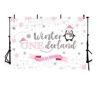 MEHOFOTO - Fondale fotografico con pinguino invernale, motivo: principessa, rosa e argento, per primo compleanno, decorazione per studio fotografico, dimensioni: 2,1 x 1,5 m
