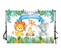 MEHOFOTO Safari - Sfondo fotografico con animali dei cartoni animati, leone, giraffa, elefante, ananas, foglie, decorazione per feste di compleanno per bambini, sfondo per fotografia, 2,1 x 1,5 m