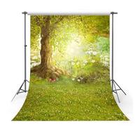 MEHOFOTO Sfondo fotografico primaverile Happy Easter erba verde fiori bianchi per studio fotografico, 1,5 x 2,1 m, Albero, Tree, 6x8ft
