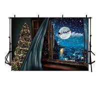 MEHOFOTO Sfondo per la vigilia di Natale, inverno, fiocco di neve, finestra, luna, cervo, albero di Natale, tenda per feste in famiglia, sfondo fotografico, decorazione per studio fotografico, 2,1 x