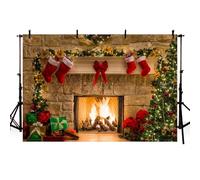 Mehofoto Sfondo per studio fotografico, motivo albero di Natale, camino, calze e nastro rosso