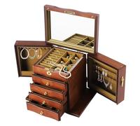 MEHOOSPVN Portagioie in legno, grande da donna, vintage, con specchio e lucchetto, 5 livelli con 4 cassetti, stile antico, per collane, orecchini, orologi