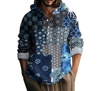 MEIbax Camicia in Cotone e Lino con Cappuccio da Uomo con Stampa Retro Giapponese Top a Maniche Lunghe a Mezza Apertura Camicia Morbida Traspirante per il quotidiano Casual, N., 4XL