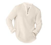 MEIbax Camicia in Lino da Uomo a Manica Lunga Camicia Funky Stile Vintage Classica Camicia Larga Fit Casual Collo Mao Bottoni Camicia da Spiaggia Estate per Vacanze Estate, bianco, XL