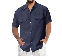 MEIbax Uomini Camicie a Maniche Corte Basic Casual Camicia in Cotone Vestibilità Aderente Tempo Libero Risvolto Estate Abbottonatura Semplice Camicia da Spiaggia con Tasche, Blu scuro, XXL