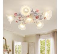 meibeileil Plafoniera Led Soffitto Floreali Vintage,Lampadario Soggiorno Con Paralume In Vetro E Rose In Ceramica Rosa,Plafoniera Soffitto Nordica Per Camera Da Letto Cucina Corridoio E27 5+1 Heads