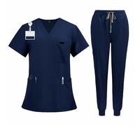 Meichoon Medical Scrub Set Scollo A V Manica Corta Top con 3 Tasche Elastico Polsino Pantaloni Traspirante Dell'Assistenza Sanitaria Uniforme CK13, Blu scuro, M