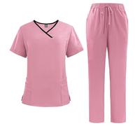 Meichoon medico infermiere uniforme Split Scrubs Colore solido V-Neck Top con 4 tasche Stretchy coulisse pantaloni da jogging DK51Pink XL