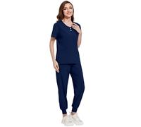Meichoon Scrubs Set per le donne Curved V-Neck Button Down Top Tapered Jogging Pants con coulisse Stretch Quick Dryingauty Salon Coveralls DK52Dark Blue S