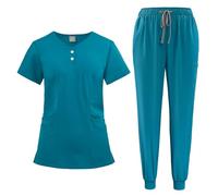 Meichoon Scrubs Set per le donne Curved V-Neck Button Down Top Tapered Jogging Pants con coulisse Stretch Quick Dryingauty Salon Coveralls DK52Lake Blue S