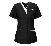 Meichoon Scrubs Top da donna Medical Uniform Top con scollo a V, 3 tasche, a maniche corte, slim fit, traspirante, traspirante, asciugatura rapida, anti-pilling, Nero , L