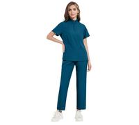 Meichoon Set di camici da donna classico con scollo a V, top a maniche corte con cerniera e 4 tasche, pantaloni da yoga elasticizzati e morbidi DK50Cyan XL