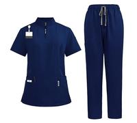 Meichoon Set di camici da donna Classico scollo a V Stand-up Zipper Top Coulisse Stretch Yoga Pants Sudore Wicking Uniforme medica DK50Blu scuro L