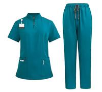 Meichoon Set di camici da donna con scollo a V, top con cerniera e 4 tasche, pantaloni da jogging elasticizzati e morbidi, asciugatura rapida, uniforme ospedaliera DK50Lake Blue XL