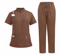 Meichoon Set di scrub medico uniforme Set Unisex Scrub medico Poliestere Cerniera Collo Top Pantaloni elasticizzati 4 tasche Traspirante Asciugatura rapida Anti Pilling DK50, Marrone, L