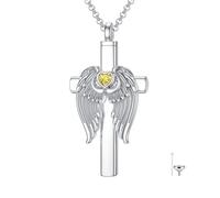 MEIDERBO Collana con urna a forma di croce per ceneri con pietra portafortuna in argento Sterling 925, doppia ala d'angelo/fiore di rosa, ciondolo per cremazione personalizzato, gioiello commemorativo
