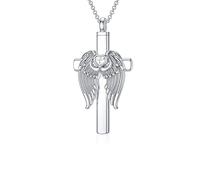 MEIDERBO Collana con urna a forma di croce per ceneri con pietra portafortuna in argento Sterling 925, doppia ala d'angelo/fiore di rosa, ciondolo per cremazione personalizzato, gioiello commemorativo