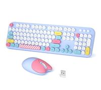 Meidosa - Tastiera wireless e mouse, 2,4 GHz, colorata, stile retrò, a forma di gatto, regolabile su 3 livelli, mouse ottico per PC/desktop/laptop/Windows (blu pallido colorato)