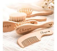 MEIEG Bambino su Misura Pettine E Spazzola per Massaggi Set, Spazzola per Capelli del Bambino Personalizzata, Regalo Commemorativo del Neonato in Legno Inciso (3pcs)