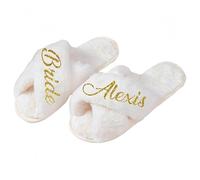 MEIEG Pantofole Da Sposa Personalizzate Per Il Matrimonio, Morbide Scarpe Da Donna Wite Nome Personalizzato, Cross Band Open Toe Pantofole Da Sposa Doccia Festa Regali Da Dama D'onore