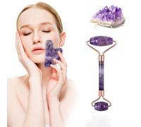 MEIION Set massaggiante con ametista Gua Sha - Monopattino a doppia testa, piastra a forma di cuore con ametista Gua Sha e favorisce la circolazione sanguigna e la guarigione naturale