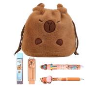MEIJINMEIYU Capybara Set di astucci - Regalo per la scuola per bambini - Set di 5 articoli di cancelleria con custodia di peluche, penne, mine e gomme - Ideale per il tempo di scuola e l'inizio della