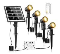 MEIKEE Faretti Solari a LED da Esterno 4 in 1 Luci Solari da Giardino Impermeabile IP66, 3 Modalità, 3 Luminosità, Colore Regolabili 2500-6500K, Faretto Solare da Esterno Telecomandata con Cavo 14M