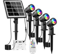 MEIKEE Faretti Solari da Esterno, 4 in 1 Faretto Solare da Giardino Telecomando, 10 Colori RGB 12 Modalità di Cambio Colore, 2 Luminosità, Impermeabili IP66 Luce Solare per Giardino, Cortile, Prato