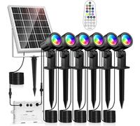 MEIKEE Faretti Solari Led Esterno, 6 in 1 Faretto LED Esterno Solare Telecomando, RGB 10 colori, 12 Modalità Cambio Colore, 2 Luminosità, IP66 Impermeabile Luci Solari per Giardino Vialetto Cortile