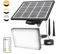 MEIKEE Faretto Solare LED da Esterno con Telecomando, Luce Led con Pannello Solare 5000mAh, 3 Modalità/3 Luminosità/3 Colore Regolabili, IP66 Luci Solari con 5M Cavo per Giardino Garage Terrazze