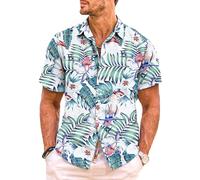 Meilicloth Funky Camicia Hawaiana da Uomo Manica Corta Estiva Camicia a Maniche Corte Vacanze Floreale Fenicotteri Casual Regular Fit Aloha Stampato Beach Hawaii Camicia Weißes Flamingo M