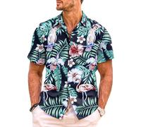 Meilicloth Funky Camicia Hawaiana da Uomo Manica Corta Estiva Camicia a Maniche Corte Vacanze Floreale Fenicotteri Casual Regular Fit Aloha Stampato Beach Hawaii Camicia Schwarzes Flamingo XXL