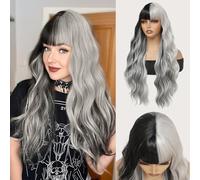 meiliprotea Parrucca lunga ondulata grigio argento e nero con frangia, parrucca nera grigia divisa da 66 cm, parrucca sintetica senza colla, per uso quotidiano, feste di Natale, cosplay, Halloween