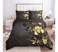 Meimall Set Di Biancheria Da Letto Oro Nero Piante Fiori Belli 280X240 Cm Con Copripiumino E Federe, In Poliestere E Cotone, Matrimoniale, Biancheria Da Letto Camera Da Letto Per Bambini
