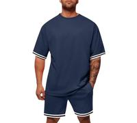 MEIMIYI Abbigliamento Sportivo Uomo Spiaggia Tuta Sportiva Palestra 2 Pezzi Set Casual Corsa Costumi da Allenamento Classico Mode Maniche Corte T-Shirt E Pantaloni Corti L-Navy XL