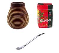 Mein Teeshop, set per mate: tazza in ceramica marrone, bombilla in acciaio inox e Yerba Mate Rosamonte da 500 g