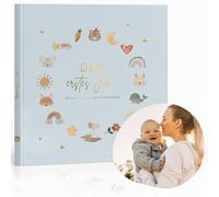 MeinBaby123® Album per neonati, placcato oro di alta qualità, con 136 pagine di riempimento, regalo per nascita, regali per bambini, diario per bambini da compilare per pietre miliari di 1 anno (blu)