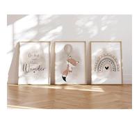 MeinBaby123® Immagini per cameretta dei bambini, set da 3 pezzi, formato DIN A4, immagini decorative per la cameretta dei bambini, poster da parete di alta qualità (palloncino e volpe beige)