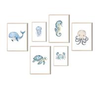 MeinBaby123® Mondo subacqueo immagini per cameretta dei bambini, set da 6 pezzi, formato DIN A4 e DIN A5, balena, tartaruga, medusa, decorazione per la cameretta dei bambini, idea regalo per la