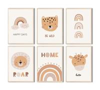 MeinBaby123® Poster per cameretta dei bambini, set da 6 pezzi, formato DIN A4, poster da parete per cameretta dei bambini, arcobaleno, decorazione da parete di alta qualità (simpatici animali V3)